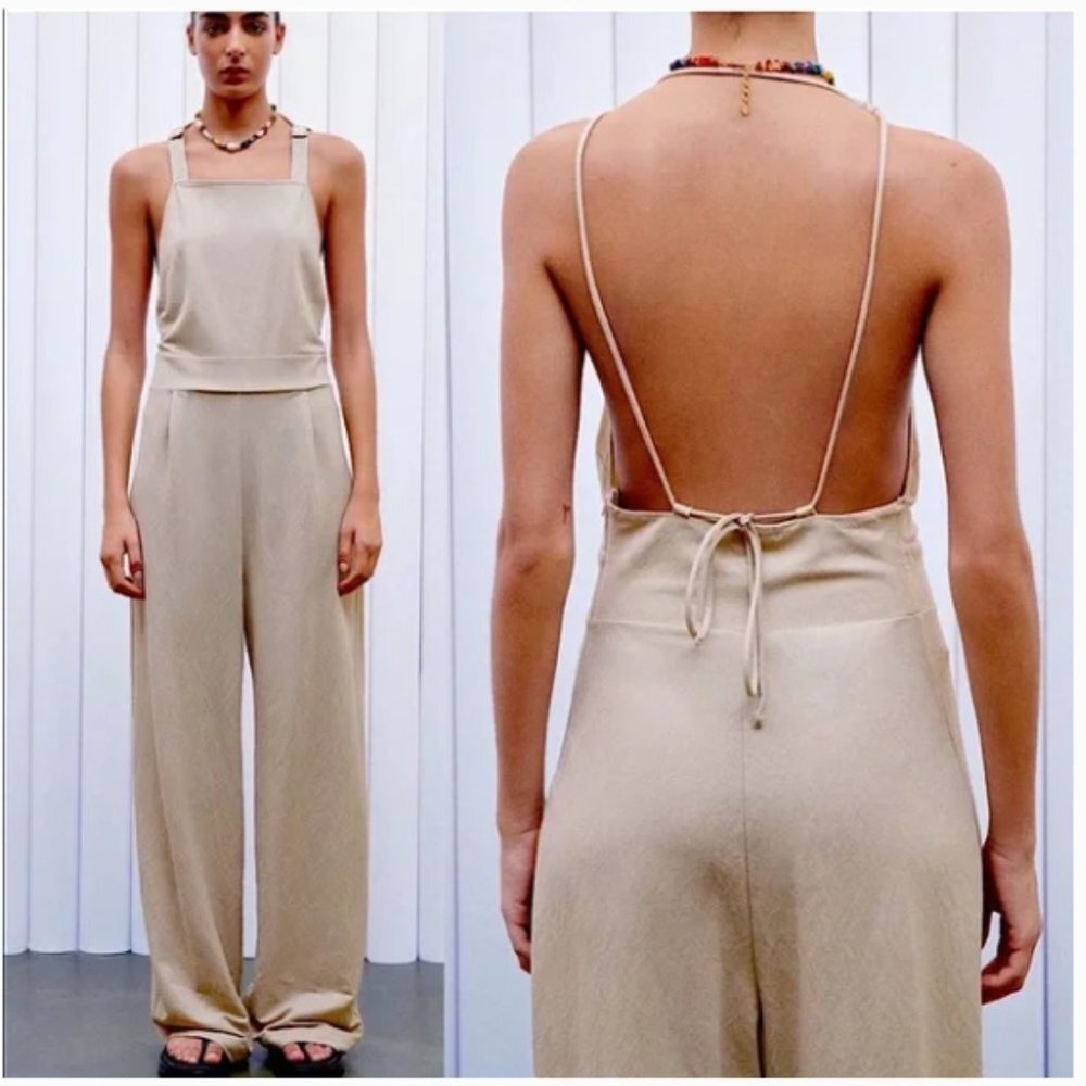 Zara Open Back Tie Full Body Long Jumpsuit in Light Tan Size: M New!